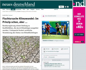 DAs ND berichtet über die Kleine Anfrage Klimawandel und Migration aus der MENA-Region (Foto: www.neues-deutschland.de/Screenshot)