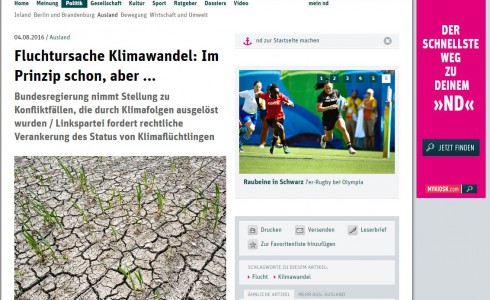 DAs ND berichtet über die Kleine Anfrage Klimawandel und Migration aus der MENA-Region (Foto: www.neues-deutschland.de/Screenshot)